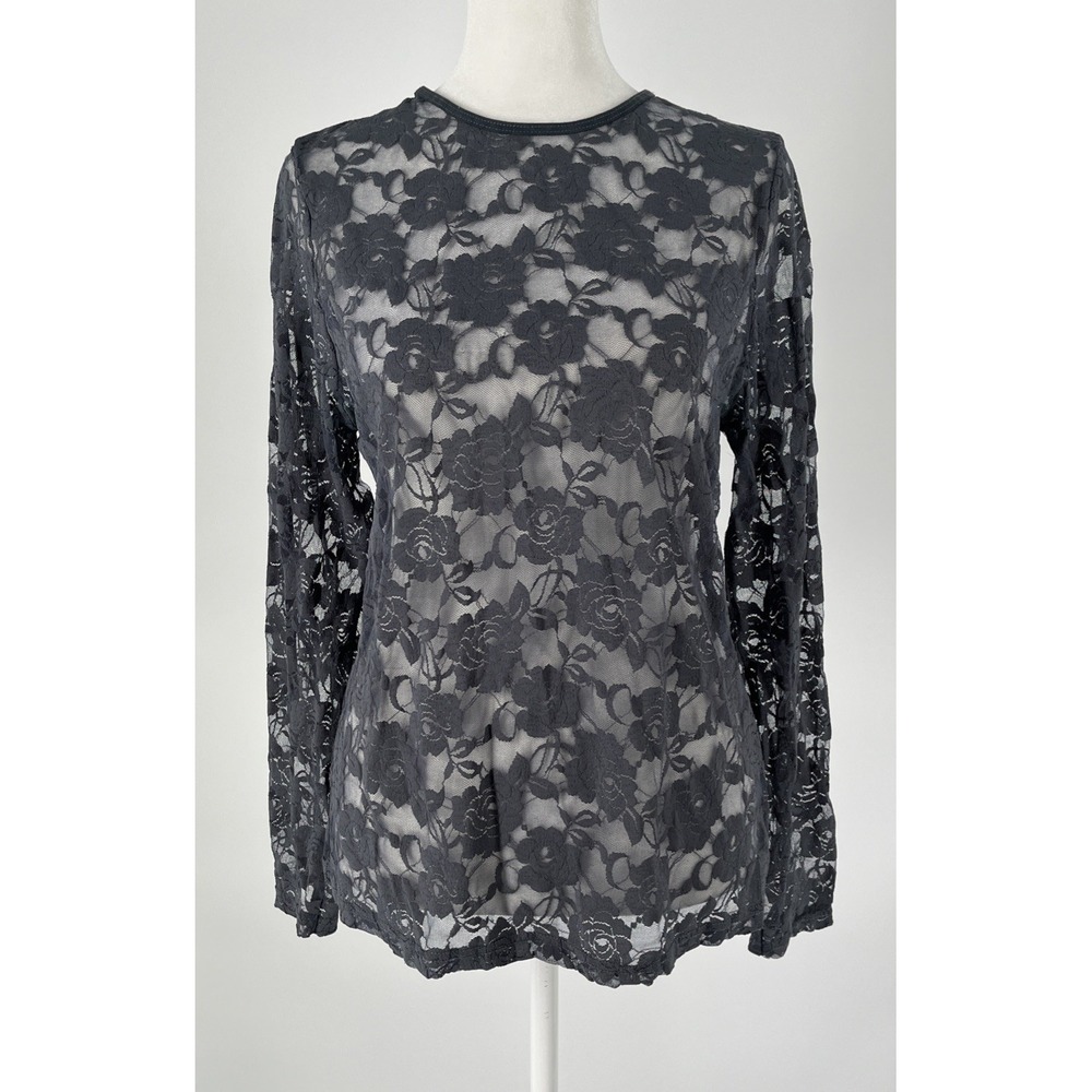 Y2K Womens Lace‎ Mesh Top Shirt Gray Floral Stretchy Fairy Whimsigoth LG